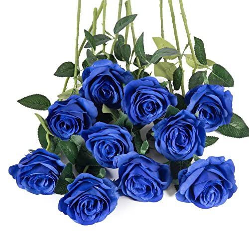 10pcs Royal Blue Silk Roses Artificial Rose Flowers Long Stem for DIY Wedding Bouquet Table Centerpiece Home Decor (Royal Blue) - color: Royal Blue