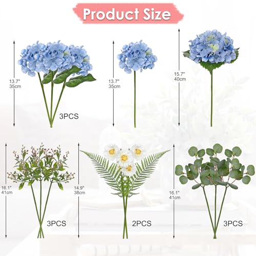 Hydrangea Artificial Flowers, 12PCS Mixed Blue Faux Flowers with Hydrangea & Daisies, Up to 16.1 Inch Long Silk Fake Flowers for Vase DIY Wedding Bouquet Party Centerpieces Arrangement Home Decor - color: Hydrangea, Blue