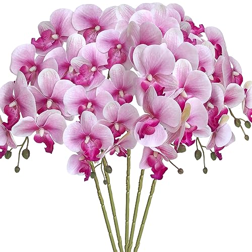 HinyoCo 5 Pcs Artificial Orchid Flowers,Artificial Phalaenopsis Flowers 32 Inch Stem Plants for Home Wedding Decoration (White Flower Purple Core) - color: White Flower Purple Core
