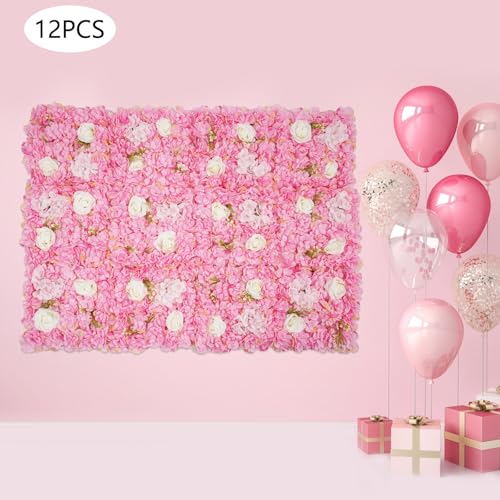 12 Pcs Flower Wall Backdrop,15"x15" 3D Floral Wall Panel,Artificial Silk Flower Wall Background for Wedding Celebrations,Festive Party Backdrops,Home Decor (Pink) - color: Pink