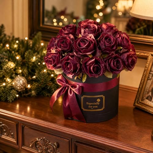 Ivydale 18pcs Burgundy Roses Artificial Flowers, Fake Roses Silk Flowers with Stems Realistic Bouquet for Mother's Day Wedding Party Home Decoration DIY Centerpiece Floral Romantic Gifts - color: Rose-burgundy