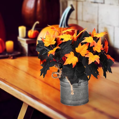 XunYee 8 Pcs Halloween Black Maple Leaves Branches Halloween Flowers Artificial Fall Autumn Leaves Stems Bouquet for Thanksgiving Holiday Floral Arrangement Table Centerpiece Home Decor