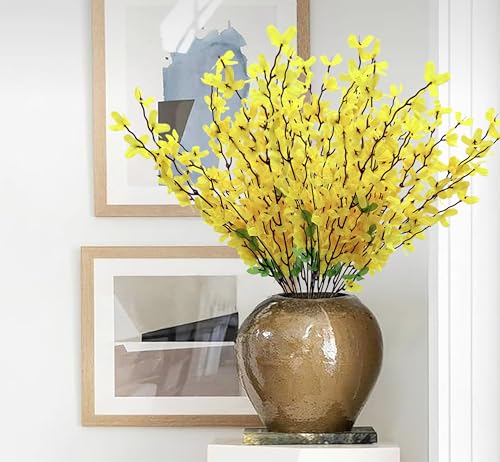 FERIAL 2PCS Artificial Silk Forsythia Flower Branches Yellow Jasmine Flowers Silk Fake Winter Jasmine Orchids Flowers for Indoor Outdoor DIY Floral Arrangement Wedding Party Home Office Decorate - color: Yellow-2