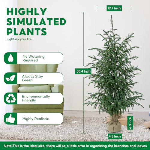 Artificial Norfolk Pine Trees 2 Pack, 3FT Fake Potted Tree with Decorative Burlap Base & Real Touch Leaves, UV Protected Indoor Outdoor Plant for Home Office Garden Decor - size: 3FT