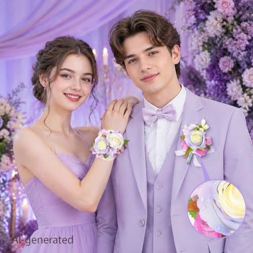 Wrist Corsage and Boutonniere Set, Artificial Rose Corsage Wristlet and Boutonniere for Wedding Prom Party (Purple-002) - color: Purple 1 Boutonniere&1 Wrist Corsage