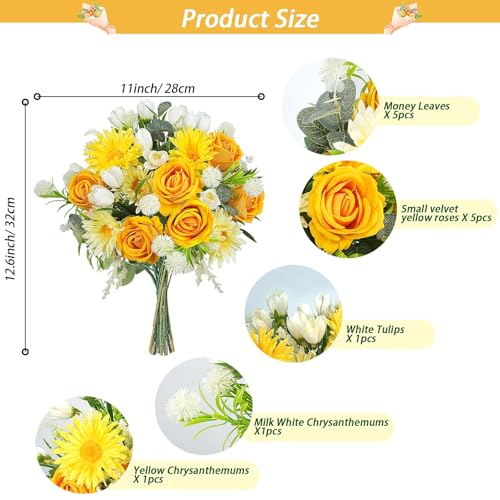 Yellow Roses Artificial Flowers, Faux Tulips Flowers with Yellow Roses Daisy Bouquets, Spring Silk Flowers Arrangement for Home Living Room Party Wedding Offices Bookshelf Decorations (Yellow)