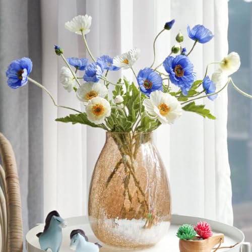 Lifelike Artificial Poppy Flowers, 8 Stems Silk Bouquet with Flocked Stems & Leaves – for Wedding Centerpieces, Home Decor, Table Arrangements - color: 8pcs Blue