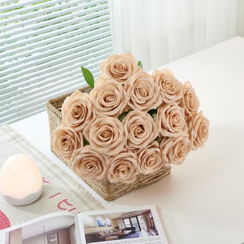 50pcs Beige Roses Artificial Flowers Bulk Fake Roses Silk Flower with Stems Realistic Flowers for Wedding Centerpiece Party Birthday Decor - color: 50pcs Beige