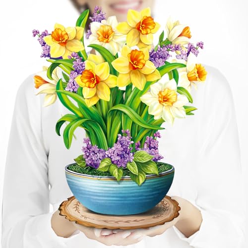 Airpark Pop Up Flower Bouquet Card for Women, 3D Floral Greeting Card with Envelope and Note, Birthday Thank You Thinking of You Get Well Gift for Mom Friend Wife Teacher, Daffodil - style: Daffodils & Lilacs