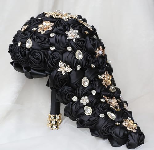 Luxury Cascade Bridal Wedding Bouquet Satin Rose Waterfall Holding Bouquet Artificial Flower Bunch for Bride Bridesmaid(Black, 17.3" x 8.7") - color: Black, size: 17.3"L x 8.7"W(44cm x 22cm)