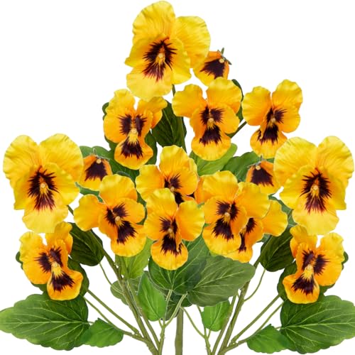 Yellow Artificial Flowers 3 Pack Pansy Flowers Artificial Silk Flowers 18" Realistic Fake Flowers for Decoration Spring Faux Flowers for Vase Home Indoor Wedding Flower Bouquet Table Centerpiece Decor - color: Yellow