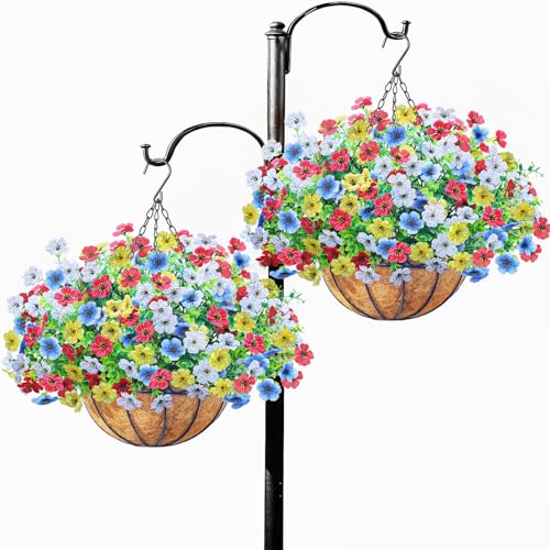 2 Pack Artfiticial Hanging Flowers Baskets for Outdoors, UV Resistant Faux Hanging Plants, 24 Pcs Fake Silk Flowers for Patio Garden Front Porch Balcony Decor (Red White Blue Yellow) - color: Red White Blue Yellow