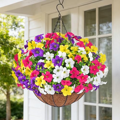 Realistic Artificial Hanging Flowers for Outdoors with Basket, 2 Set Large Size UV Resistant Artificial Outdoor Flowers, Full Faux Outdoor Flowers Fake Hanging Flowers for Porch, Front Door, Garden - color: Purple+yellow+white+red, size: 2 Set