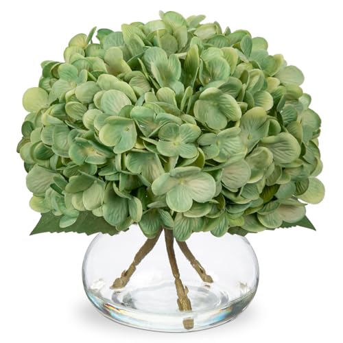 Hollyone Dark Green Hydrangea Artificial Flowers with Glass Vase Silk Faux Flowers Arrangements in Vase with Faux Water Fake Floral Bulk Bouquet for Home Decor Table Centerpiece Decorations - color: Hydrangea, Dark Green