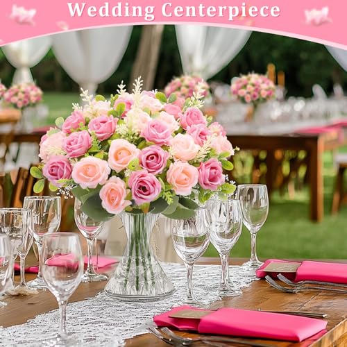 TURNMEON 40 Heads Fake Roses Artificial Flowers for Outdoors Summer Decor, 4 Bouquets UV Resistant Fake Flower Bouquet Faux Silk Roses for Wedding Birthday Party Home Mother's Day Cemetery Decor(Pink) - color: Pink