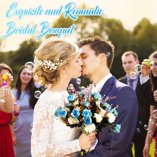 Hotop 12 Bunches of Artificial Flowers Centerpiece 13 Inches Silk Fake Roses Bouquets for Table Decoration Faux Arrangement Flowers for Wedding Cemetery Memorial Day (Light Blue) - color: Light Blue