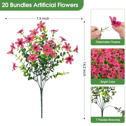 Bassion 20 Bundles Artificial Flowers for Outdoors Decorations, UV Resistant Faux Plants Fake Silk Flowers for Outside Daisy Hanging Planters Window Box Front Door Porch Patio Yard Home Decor - color: Rose Red
