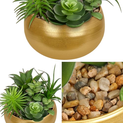 Hollyone Fake Plants Artificial Succulents in Pots Faux Succulent Arrangement Potted Plant in Gold Ceramic Planter Bowl for Home Decor Office Desk Bathroom Shelf Living Room Indoor Decorations - color: Premium Gold