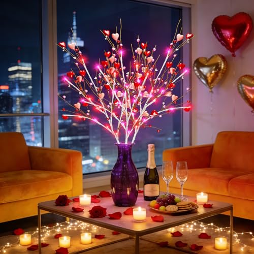 Agusbagli 3 Pack Valentines Day Decor 30in Lighted Valentine’s Day Picks with 60LED Pink Lights Artificial Red Heart Berry Flower Stems Timer Battery Operated Valentines Day Decorations for Home