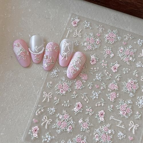 Pink Flower Nail Stickers Spring 5D Floral Nail Decals 1PCS Embossed Flowers Bouquet Bow Design Summer Adhesive Decals Nail Art Supplies for Women Manicure Decor - style: Style1-Pink Flower