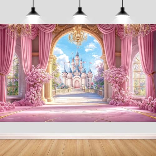 6X4ft Princess Castle Backdrop Pink Fairy Tale Wonderland Floral Arch Girls Birthday Party Wedding Baby Shower Banner Studio Photo Booth Kids Photoshoot Wall Decor Banner - color: Multi1, size: 6X4FT