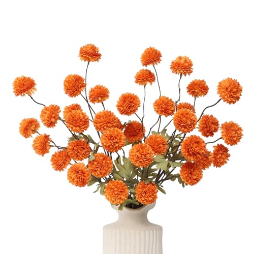 DuHouse 6pcs Artificial Flowers Faux Silk Pompon Mum,Silk Small Mini Chrysanthemum Ball with Stems for DIY Bouquets Centerpieces Vase Home Table Kitchen Decorations(Orange) - color: Orange, size: 6pcs