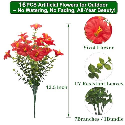 Grunyia 16PCS UV Resistant Artificial Morning Glory Flowers with Eucalyptus - Red Faux Silk Plastic Fake Plants for Outdoor Indoor Garden Porch Planter Window Box Wedding Home Decor - color: Red