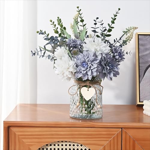 MARTINE MALL Fake Flowers in Vase, Faux Flowers in Vase, Dahlia Artificial Flowers in Vase Centerpiece Table Decorations Artificial Flower Arrangement for Home Dining Room Office Farmhouse, Blue - color: Blue Dahlia