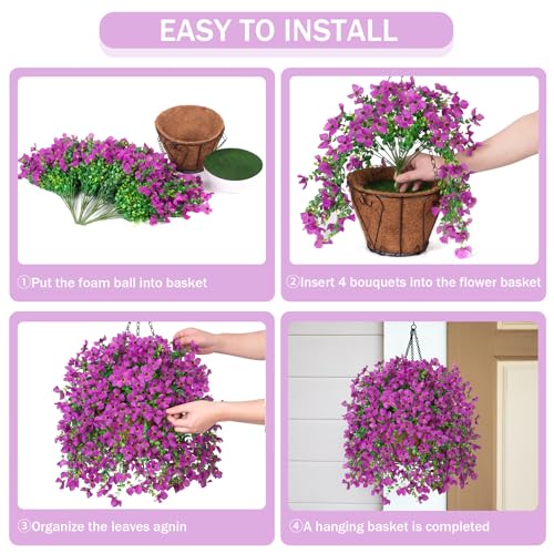 INXUGAO Artificial Hanging Flowers Plants with Basket for Outdoors, Realistic Faux Silk Daisy Flower Eucalyptus for Spring Decor, UV Resistant Fake Plants for Porch Patio Yard Balcony, Purple - color: A-purple