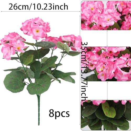CITYES 8 Pcs Artificial Geraniums Flowers Pink Silk Geraniums for Outdoors UV Resistant Artificial Geranium Bush Faux Flowers Plant for Planter Garden Home Decor Indoor Patio Vase Table Centerpiece - color: Pink
