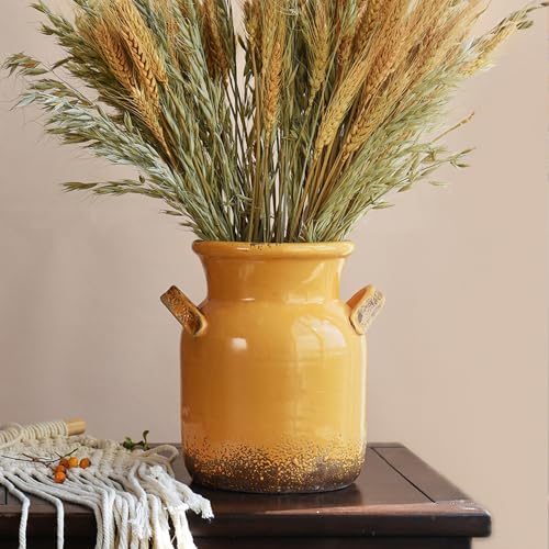 Quoowiit Ceramic Rustic Farmhouse Vase, Distressed Decorative Flower Vases for Home Decor, Ideal Shelf Decor, Yellow Boho Vase for Living Room Bedroom Kitchen Office Centerpiece Table Decorations - color: 8 Inch-yellow