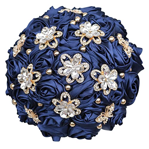 5.9" Mini Bridal Bouquet Handmade Satin Rose Round Wedding Bouquet Throw Toss Artificial Flower Bunch Navy Blue - color: 809a Navy Blue, size: 5.9"/15cm