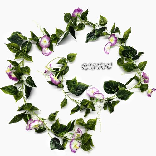 Artificial Morning Glory Hanging Vines Plants, Fake Silk Garland Flower Faux Ivy Lifelike Greenery Vine Plant for Home Garden Wall Fence Indoor Outdoor Wedding Birthday Decoration Fuchsia 2 Pack - color: Morning Glory Vines - Fuchsia 2 Pcs