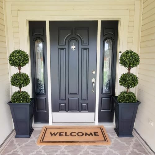 THE BLOOM TIMES 55" Artificial Boxwood Triple Ball Topiary Trees, UV Resistant Large Tall Fake Potted Plants for Outdoor Planter, Realistic Faux Bushes Shrubs for Front Porch Outside Decor Set of 2 - color: Boxwood-dark Green, size: 55 inch