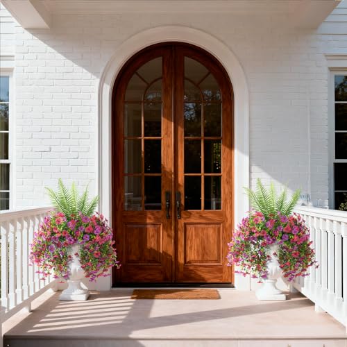 INQCMY Artificial Fake Hanging Flowers with Fake Fern for Outdoors UV Resistant Artificial Plants Spring Decor Look Real Faux Flowers for Outside Home Planter Porch Patio Decor - color: 3pcs Purple Rose,1pcs Fern