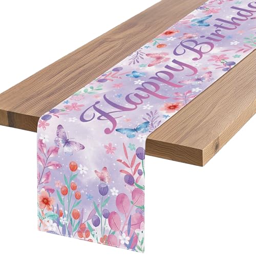 Happy Birthday Table Runner, Purple Lavender, 72x13 Inch | Butterfly Floral Design