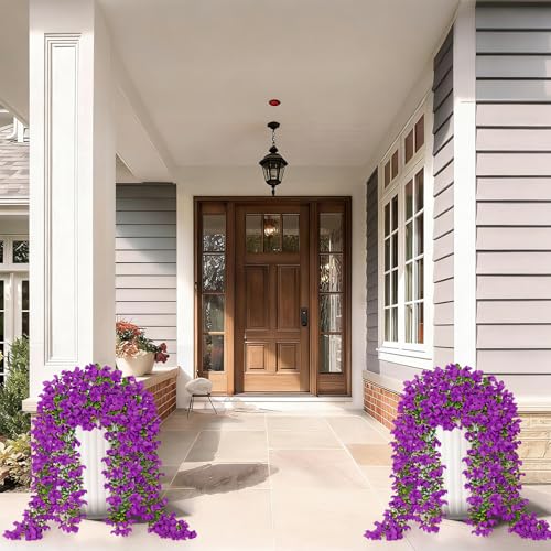 Betylifoy Artificial Hanging Flowers for Outdoors Summer Decor 2PCS Fake Hanging Plants UV Resistant Faux Silk Purple Violet Flowers Greenery Trailing Vines for Indoor Outside Garden Porch Decor - color: Purple