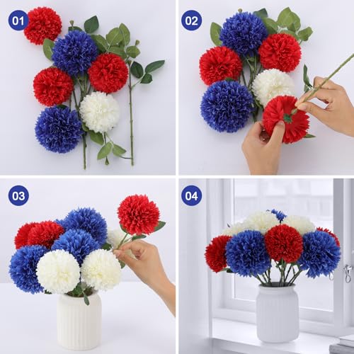 Hananona 12 Pcs Artificial Chrysanthemums Flowers Patriotic Flower, 4th of July Fake Mums Flowers Silk for Home Decor Indoor Memorial Day Table Centerpiece Vase not Included (12, Red, White, Blue) - color: Red, White, Blue