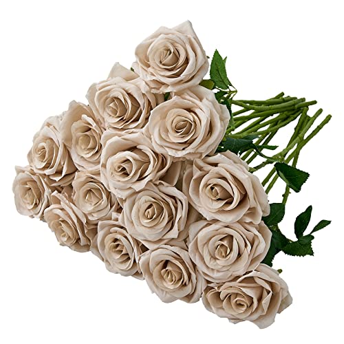 15pcs Fake Roses Artificial Silk Flowers Nude Faux Rose Flower Long Stems Bouquet for Arrangement Wedding Centerpiece Party Home Kitchen Decor (VASE is NOT INVLUDED) - color: Nude