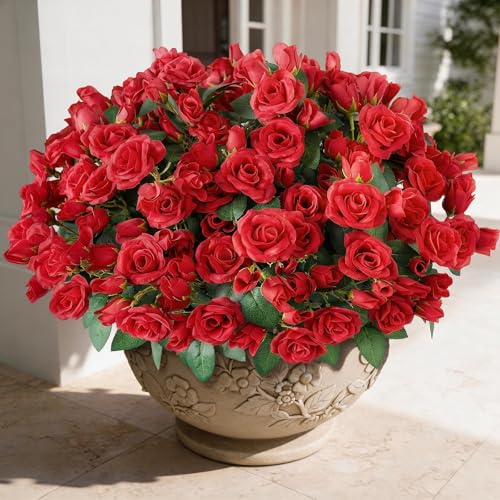 Juxdp 8 Bundles Artificial Roses, Realistic Silk Bouquet Flower(Red) | Fluffy and Vivid, Fade-resistant, Faux Rose Plants, for Front Door/Garden/Farmhouse/Home/Outdoor/Spring/Summer Decor - color: Red