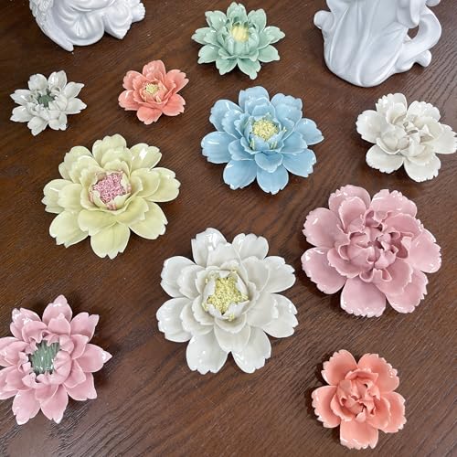 Ceramic Flower Wall Art, Artificial Flower Wall Sculpture，Handcrafted 3D Hanging Porcelain Flowers ,3D Wall Hanging Decor ,Porcelain Flower Wall Décor for Home，Hallway，Kitchen，Office (White，Peony, 2.76") - color: White，Peony, size: 2.76"