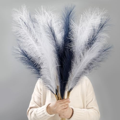 12 Pcs Navy Blue and White Pampas Grass Decor 38"/3.1FT Tall Fake Pompas Floral Large Artificial Pompous Grass Branches Plants for Floor Vase Filler Home Boho Decoration - color: Blue&white