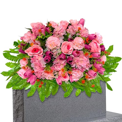 FLOWERIA Sympathy Flower for Headstone - Artificial Tulips Roses Grave Flowers for Cemetery Easy Fit Outdoor Decoration - color: Pink, size: Saddle