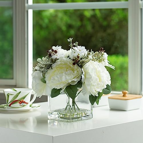 ENOVA FLORAL Artificial Flower Arrangement with Vase,Mixed Artificial Silk Peony Flower in Vase for Decoration Home Office, Wedding Centerpiece (Cream) - color: Cream