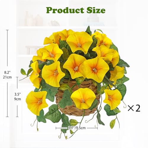 Briful 2 Pack Fake Morning Glory with Handwoven Basket - 8.2" Yellow Faux Potted Flowers Silk Floral Table Centerpiece for Home Office Room Shelf Desk Decor - color: Yellow