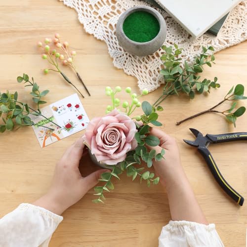 mizii DIY Small Artificial Flowers Potted Kit Fake Flower Realistic Silk Rose and Greenery with Vase for Gifts Table Centerpiece Mantle Office Desk Shelves Living Room Decorations (Light Pink) - color: Light Pink