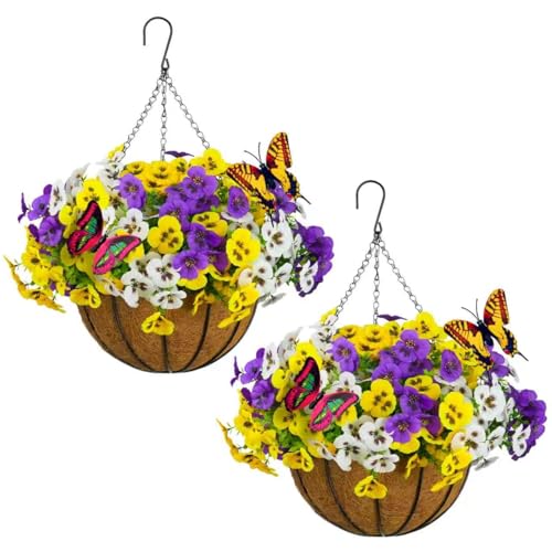 SupBri Artificial Pansies Flowers with Hanging Basket & 2 Fake Butterflies, Silk Flowers for Outdoor Spring Summer Decor, UV Resistant Hanging Plants for Garden Patio (2 Set - color: 2 Hanging Set (Yellow/Purple/White )