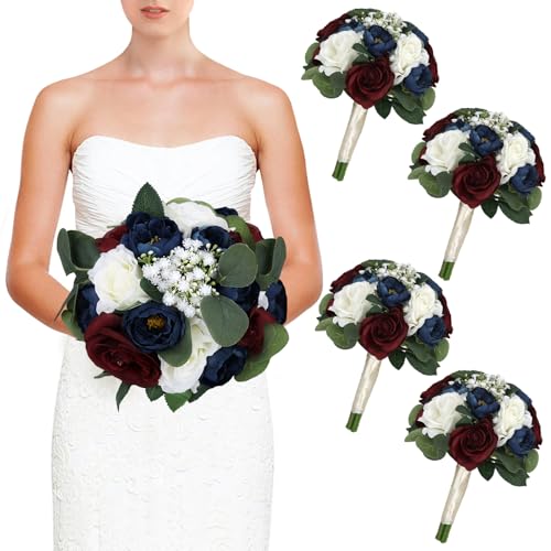 Set of 4 Bridesmaid Bouquets, 11 Inch Wedding Artificial Flower Bouquets for Wedding Ceremony Bridal Shower Decorations - Burgundy & Navy Blue - color: Burgundy & Navy Blue, size: Set of 4 Bouquets