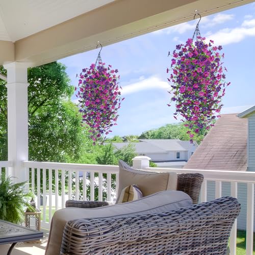 Fake Artificial Hanging Flowers for Outdoors Decoration, 2 PCS Faux UV Resistant Artificial Outdoor Flowers, Fake Plants Look Real Daisy No Fade Spring Decor for Porch Home Patio Balcony and Yard - color: Hanging Flower (Dark Purple Light Purple)