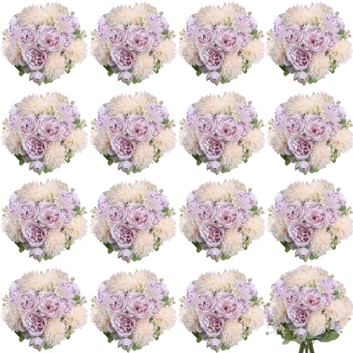 16 Bundles Artificial Flowers Peonies, Lavender and Pink Silk Faux Peony Floral Arrangements Fake Peonies Bundles for DIY Bouquet for Vase Centerpiece Home Wedding Party Centerpiece - color: Lavender & Pink